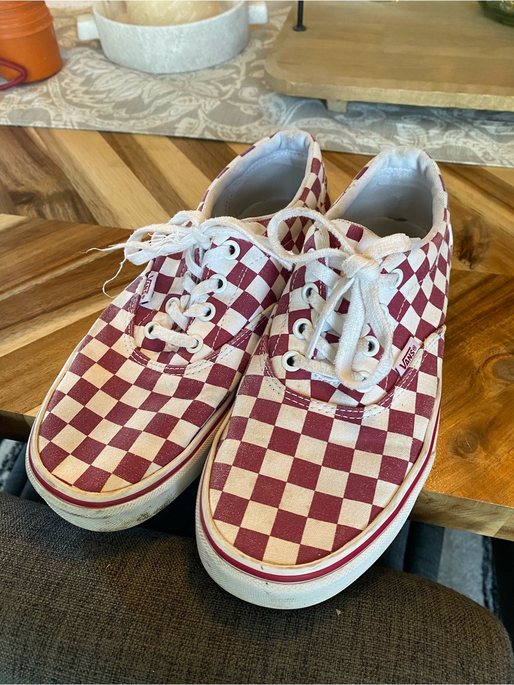 VANS Authentic Checkerboard Canvas Lace-Up Low Top Sneakers Burgundy/White